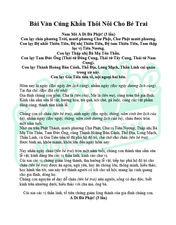 Bài Văn Cúng Khấn Thôi Nôi Cho Bé Trai (Chuẩn Truyền Thống)