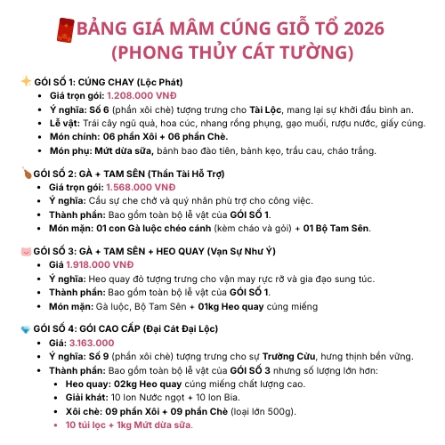 Bảng gi&aacute; m&acirc;m c&uacute;ng Giỗ Tổ 2026